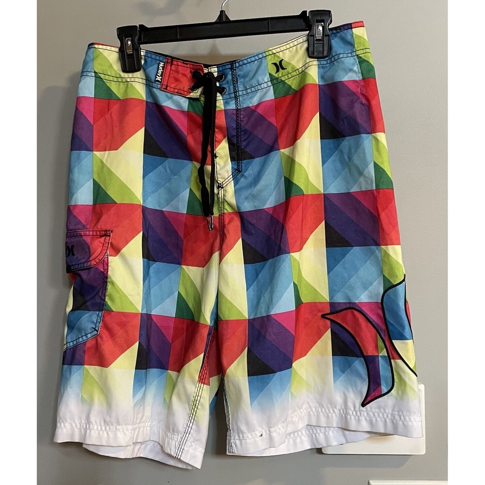 Hurley Board Shorts Colorful Check Geometric Swim‎ Surf Water sports Size 32